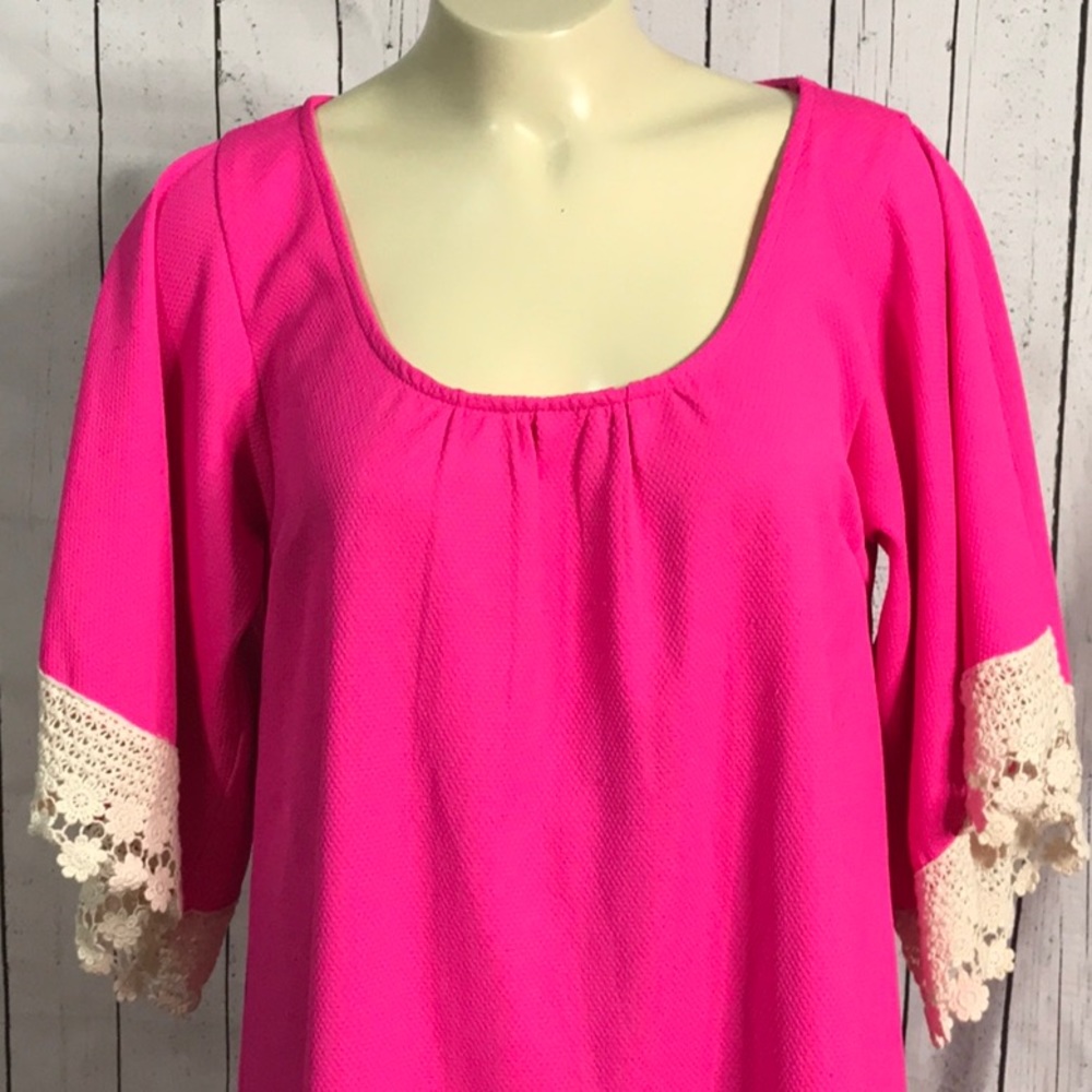 "Vintage Umgee USA hot pink tunic top lace crochet accents hem - Picture 3 of 11